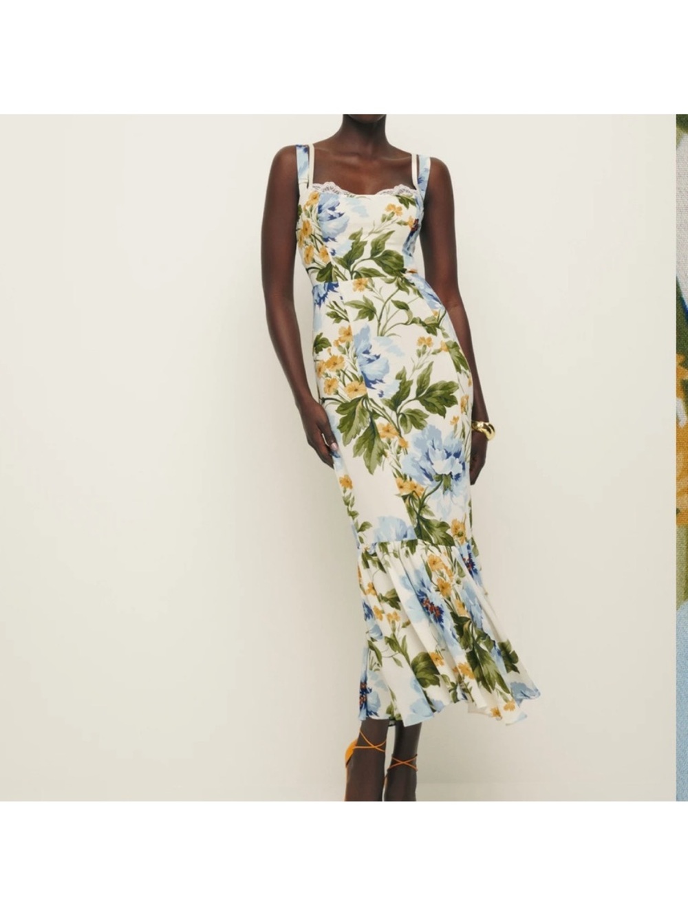Reformation Floral Scallop-Trim Midi Dress in White, Blue and Green